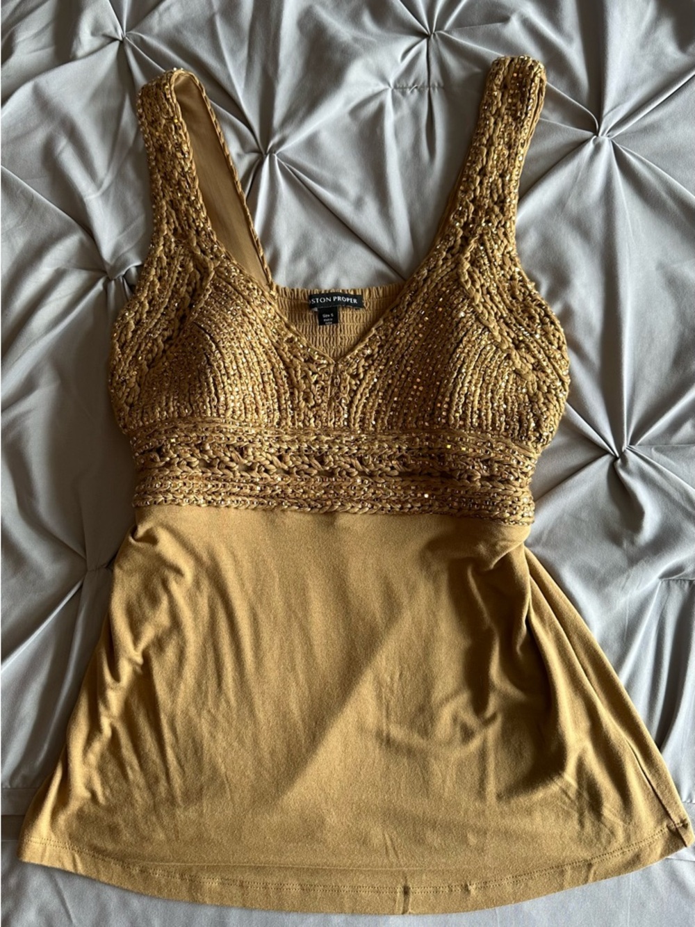 Boston Proper Gold Crochet-Trim Sequined Tank Top NWOT - Picture 3 of 5